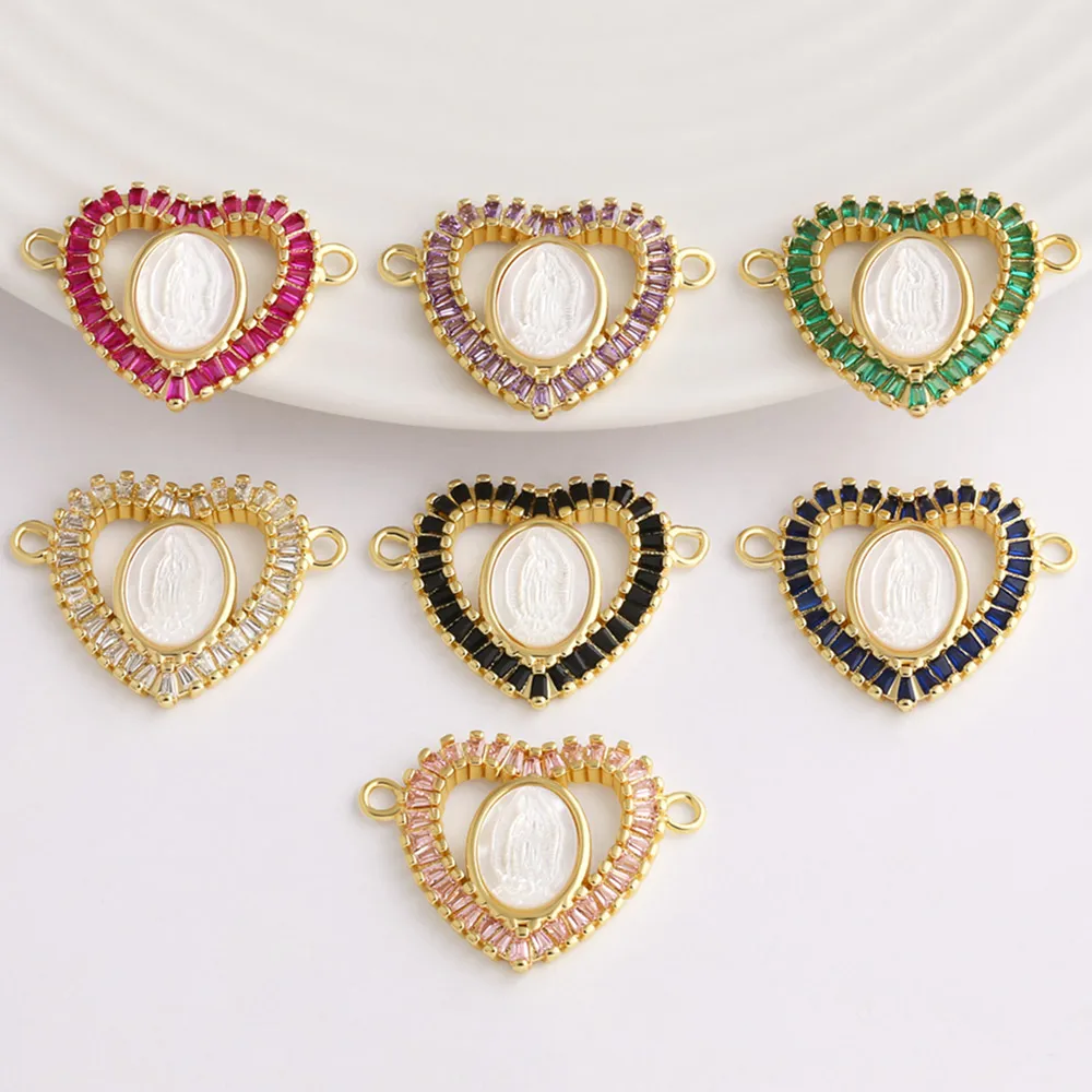 OCESRIO Trendy Multicolor Crystal Shell Virgin Mary Heart Charm for Bracelet Copper Craft Jewelry Making Supplies chma570