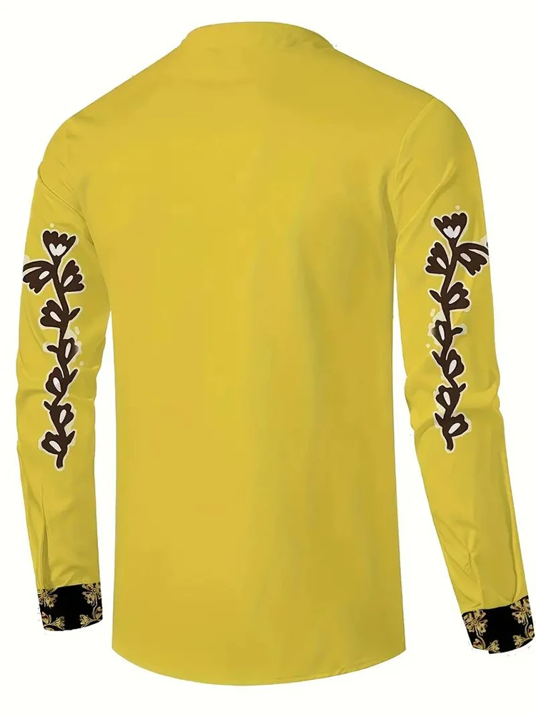 Men Western Cowboy Shirt Long Sleeve Floral Embroidered Button Tops Vintage Loose British Ethnic Shirts Rodeo Dance Party Shirts