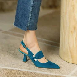 Summer Women Sandals Sheep Suede Leather Shoes for Women Pointed Toe Thin Heel Shoes Cover Toe Slingback Shoe Blue Pearl Sandals