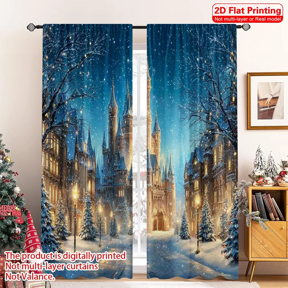 

2pcs 2D flat printing Merry Christmas Curtain Snow Castle Durable 100% Polyester Fabric Without Electricity Festive Wall Decor