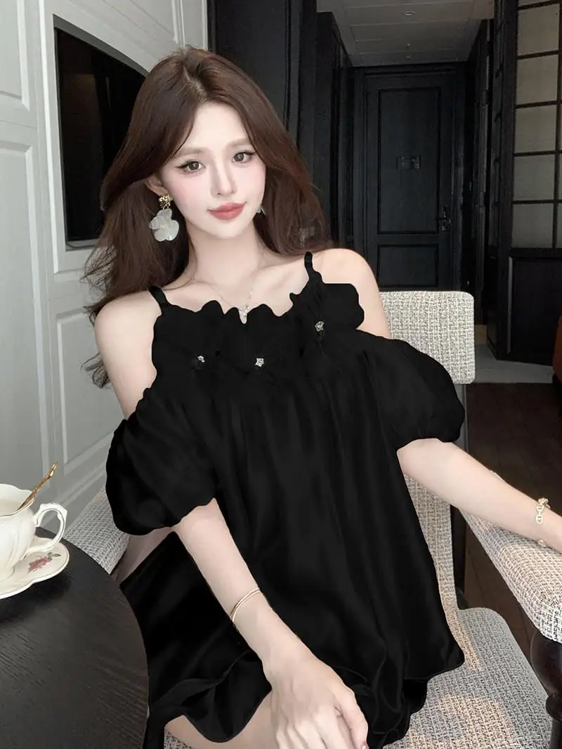 Elegant Floral Print Chiffon Top Women's Sexy Shoulder Bared Mid-Length Unique 3D Flower Design Beautiful Top for Date