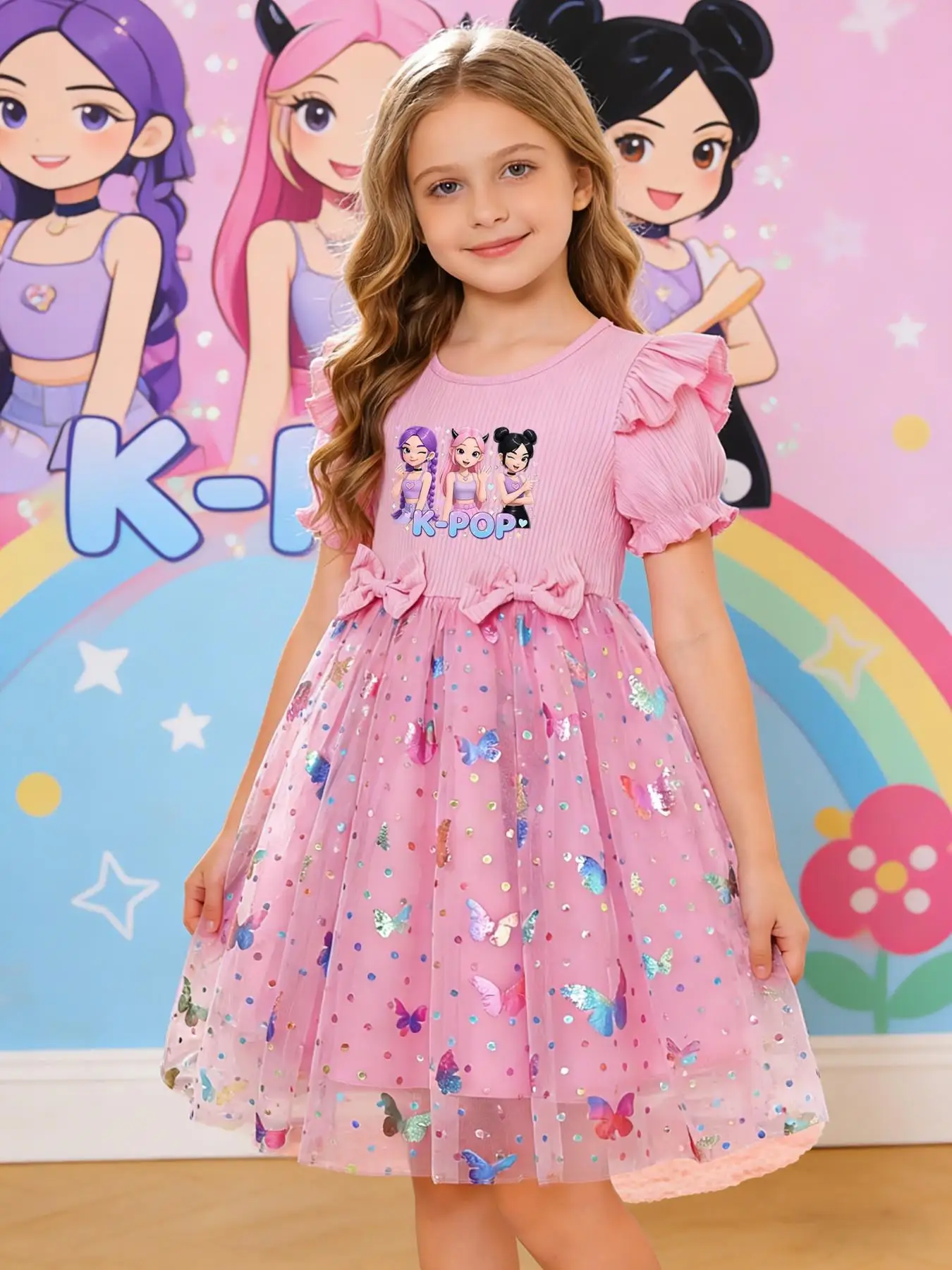 Girls' Elegant Princess Dress, Cartoon Butterfly Print, Slim-Fitting Summer Gown, Perfect for Easter, Valentine's Day, Parties,