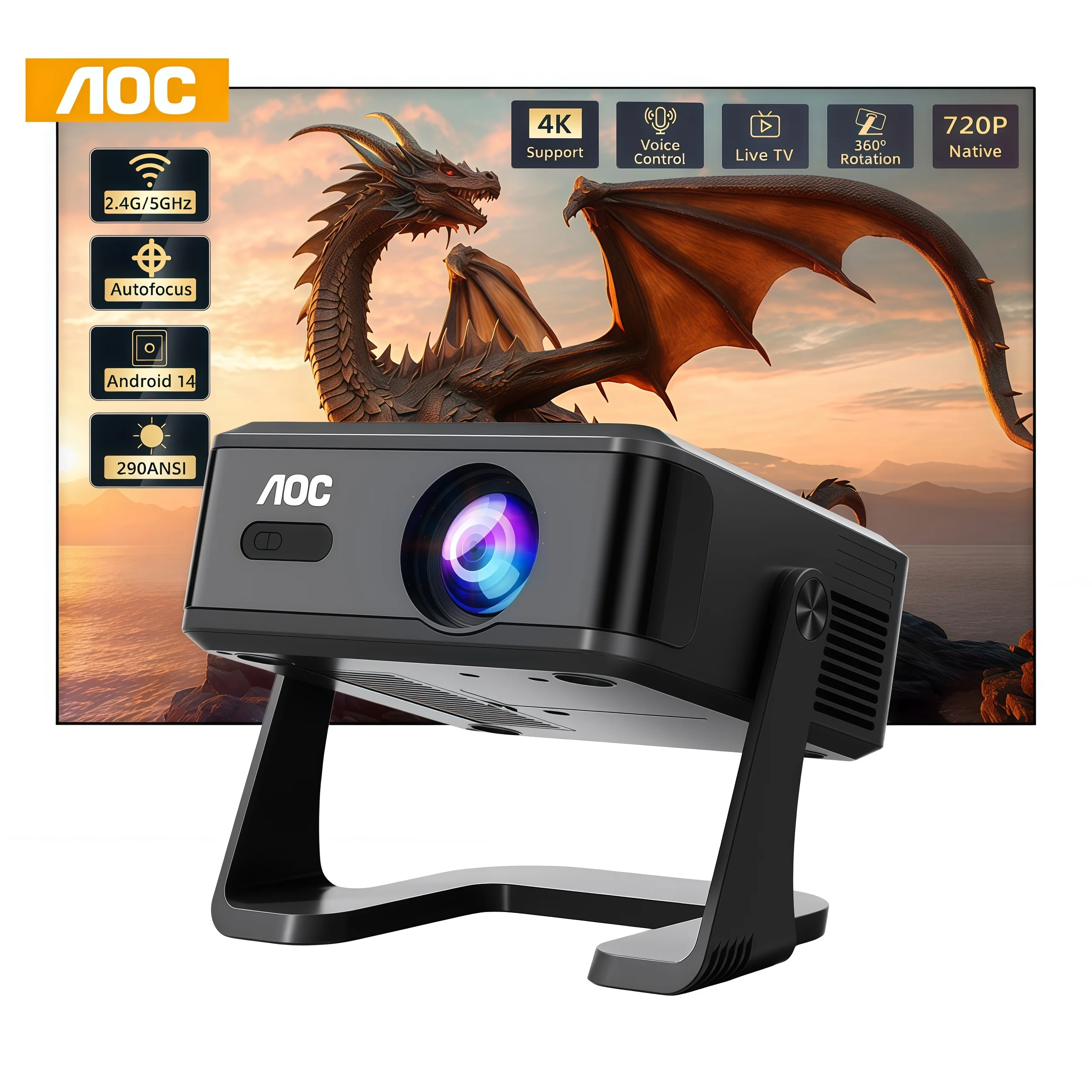 Proiettore intelligente AOC HA120-A, Android 14, risoluzione nativa 720p, 290 ANSI lumen, messa a fuoco automatica, correzione trapezoidale in 4 punti, Wi-Fi 6 dual band, Bluetooth 5.4, proiezione