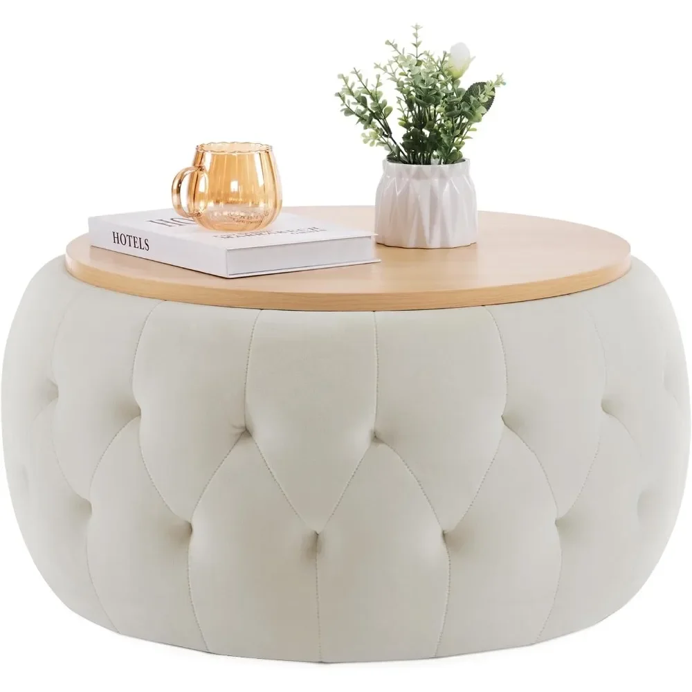 

Round storage ottoman, coffee table, large velvet ottoman with wooden cover, tufted ottoman circle in the living room bedroom