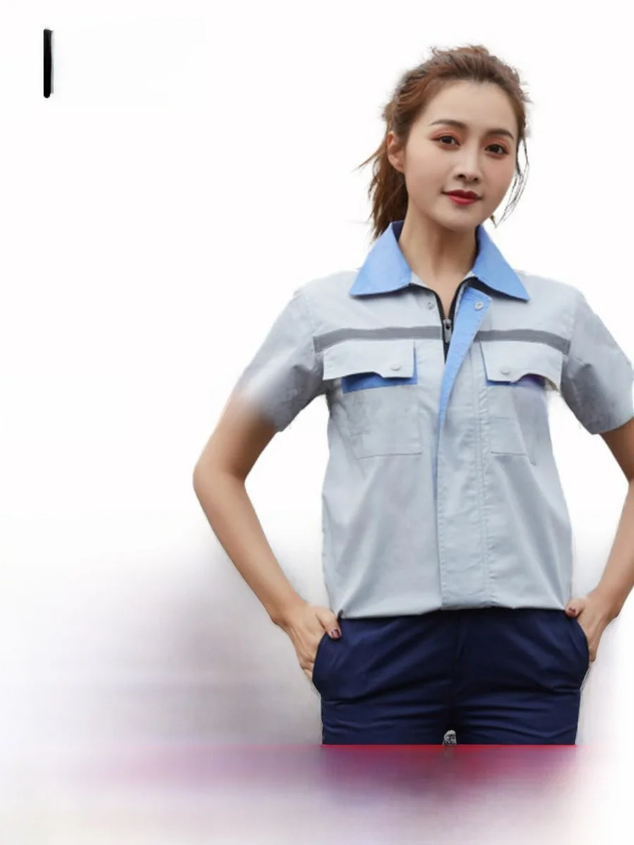 

Мужская летняя рабочая одежда с коротким рукавом, тонкая, дышащая, со светоотражающими полосами, для авторемонта, из смесовой хлопковой ткани, влагоотводящая.