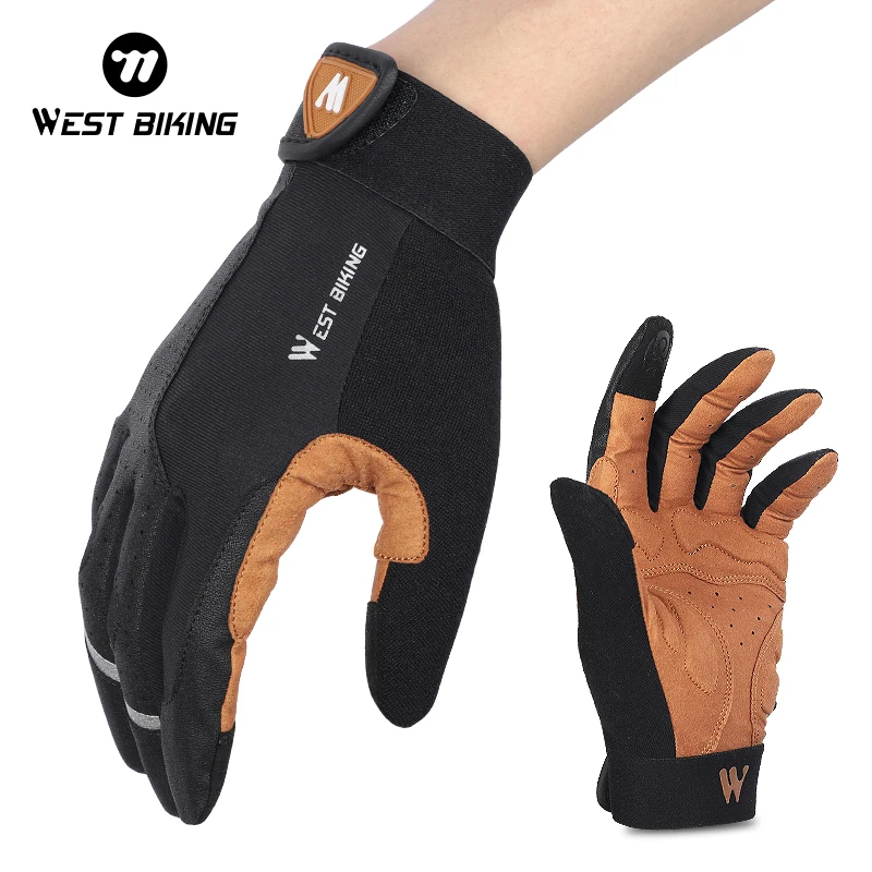 WEST BIKING Men Bicycle Gloves Full Finger Non-slip Cycling Gloves MTB Road Bike Reflective Gloves Breathable Gym Sports Gloves