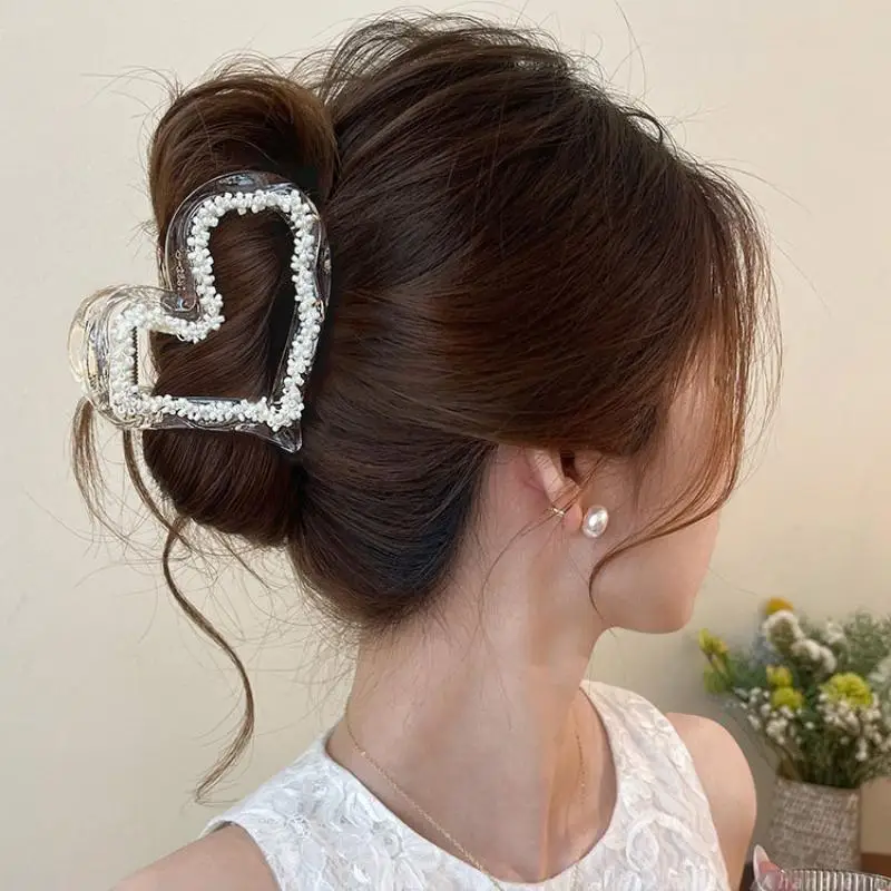 Faux Pearl Decor Heart Shaped Hair Claw Non Slip Grip Strong Hold For Daily Wear Parties Weddings