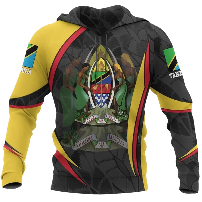 

Autumn Men's Hooded Sweatshirts African Region Tanzania National Flag Graphic 3D Printing Pullovers Retro Casual Man Clothing