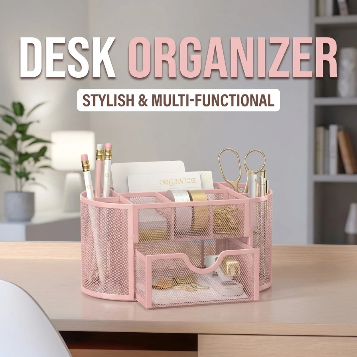 Large Capacity Metal Mesh Desk Organizer, Multi-Functional Pen Holder for Office School, Rounded Edges Non-Slip File Tray