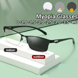 Photochromic Half Frame Myopia Glasses Men Business Outdoor Color Changing Eyewear Blue Light Blocking Eye Protection Glasses