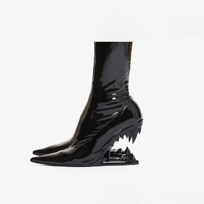 

Женские ботильоны с острым носком, трикотажная ткань, лакированная кожа, дизайнерские короткие ботильоны на каблуке уникальной формы, модная обувь