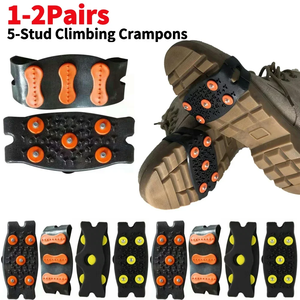 1/2 Pairs 5-Stud Snow Ice Claw Anti Slip Climbing Crampons Grips Unisex Shoes Boots Covers Outdoor Chain Shoe Spikes for Winter