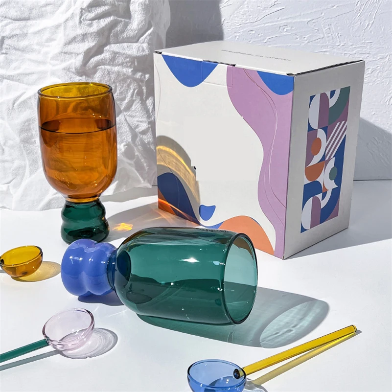 A Set Colorful Glass Mug Spoon Handmade Heat-resistant Glass Cup Coffee Mugs Tumbler Drinkware Glass Mug Milk Tea Cup