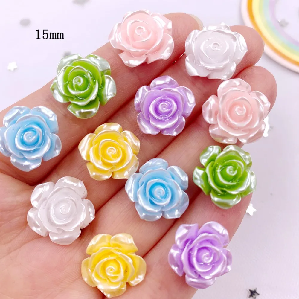 40Pcs 15mm Resin Glitter Pearl Rose Flatback Flower Rhinestone Figurines Scrapbook Wedding  Ornament  Applique DIY Earrings Art