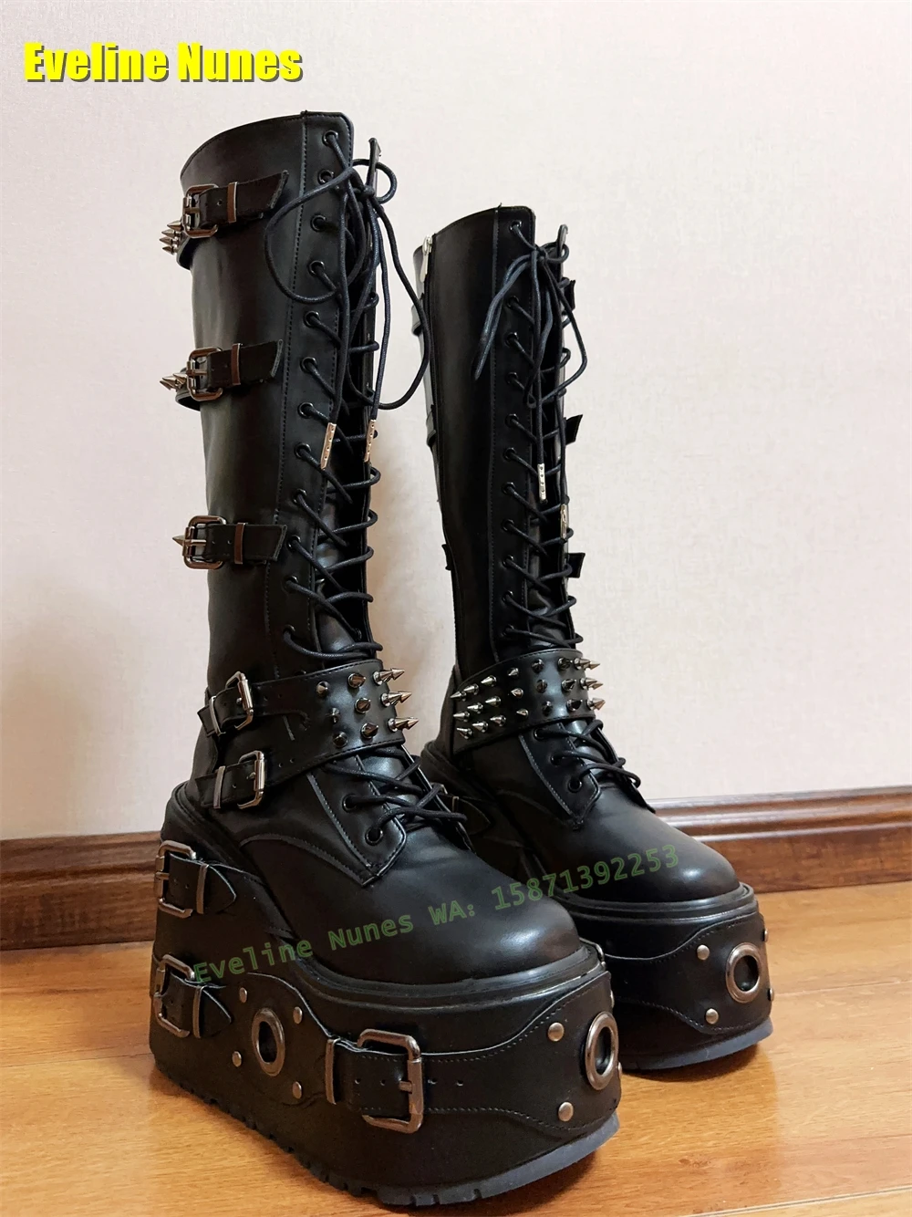 Rock Rivet Spikes Platform Punk Motorcycle Boots Round Toe Wedges Thick Sole Cross Tied Heavy Work Belt Buckle Knight Booty 2024