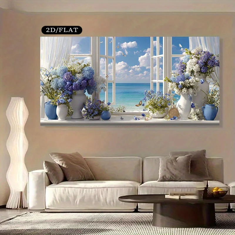 Canvas Wall Decoration Featuring a Modern Coastal Window Scene, Minimalist Ocean Landscape Print with Hydrangeas in a Blue And W