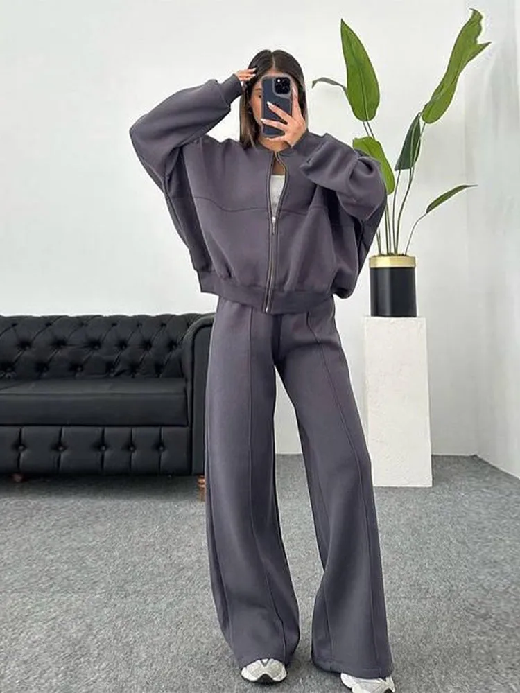 Women Sweatsuit Set Vintage O-neck Zipper Bomber Jackets High Waist Loose Pants Suit Female 2025 Spring Fashion Lady Sportswear