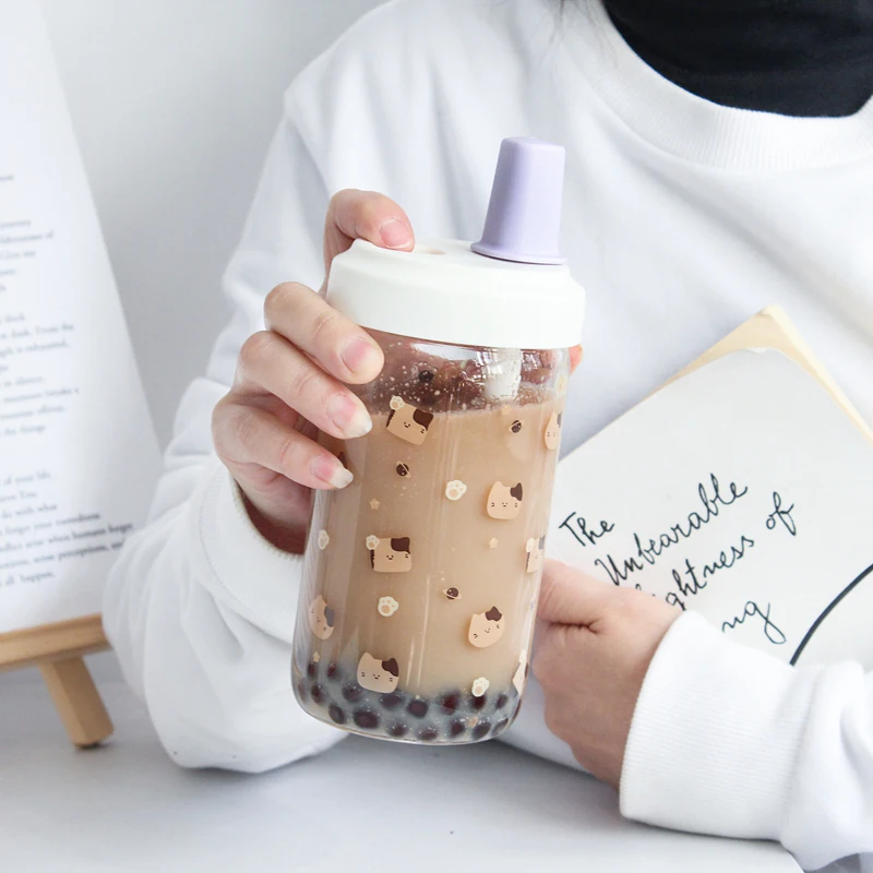 Kawaii Cat Bubble Tea Glass Water Bottle With Straw PU Sleeve Cute Boba Coffee Milk Cups Portable Girl Drinking Bottle BPA Free