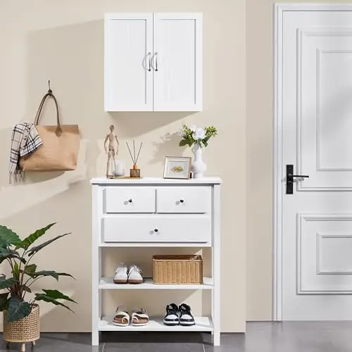 خزانة مثبتة على الحائط، مساحة تخزين للحمام والمطبخ ببابين، باللون الأبيض #4