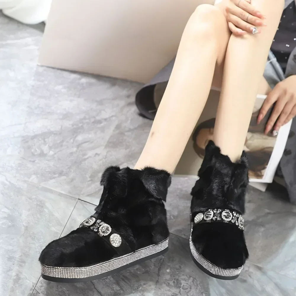 Womens Rhinestones Real Mink Fur Ankle Boots Rhinestones Crystal Platform Snow Warm Winter Shoes Candy Colors Thick