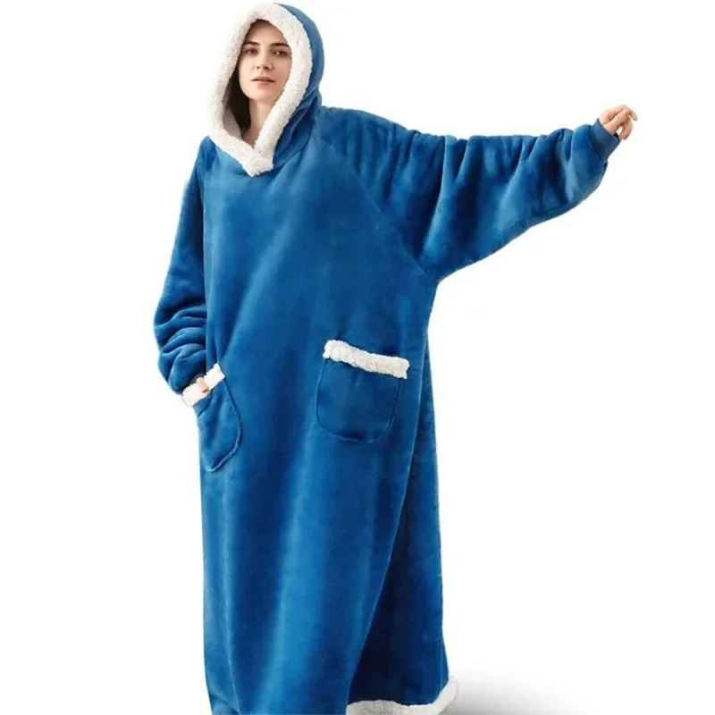 Winter Oversized Hoodies Super Long Hooded Blanket with Sleeves Women Men Pullover Fleece  Blanket 150cm image 5