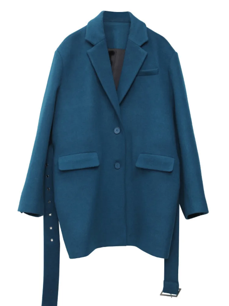 [EAM] Blue Belted Big Size Elegant Woolen Coat New Lapel Long Sleeve Women Jacket Fashion Tide Autumn Winter 2024 1DH7224