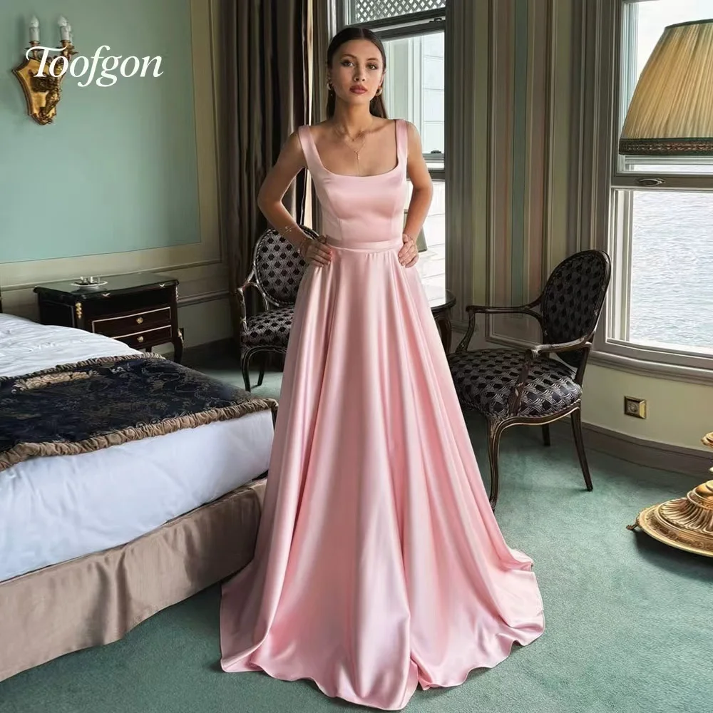 

Toofgon Customized Long Evening Dresses Pink Square Satin Women Formal Prom Dress Draped A Line Wedding Party Gowns