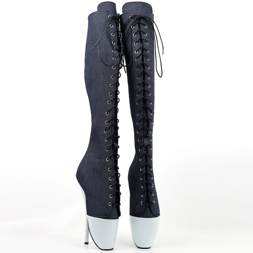 7 Inch High Heel Denim Knee High Ballet Boots New Style Unisex Size36-46