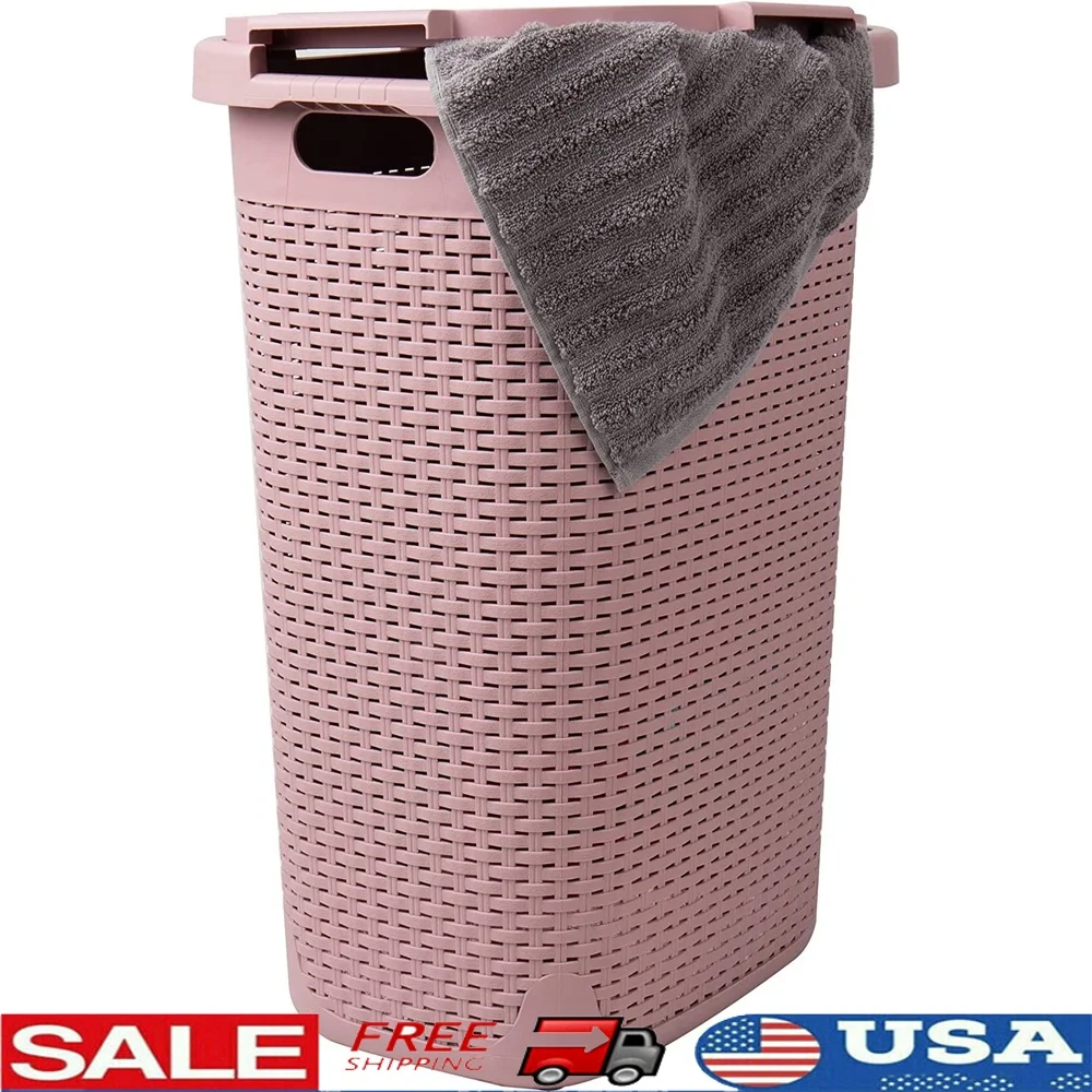 

60L Laundry Hamper Plastic Clothes Basket with Lid Portable Storage Organizer Home Bathroom Office Toys Linens Sports
