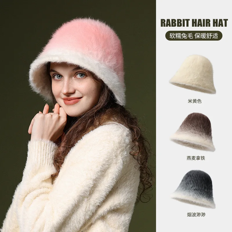 Knitted Rabbit Fur Cold Autumn Winter Gradient Rabbit Warm Fisherman Hat Women Outdoor Cycling Cold Ear Protection Cap Female