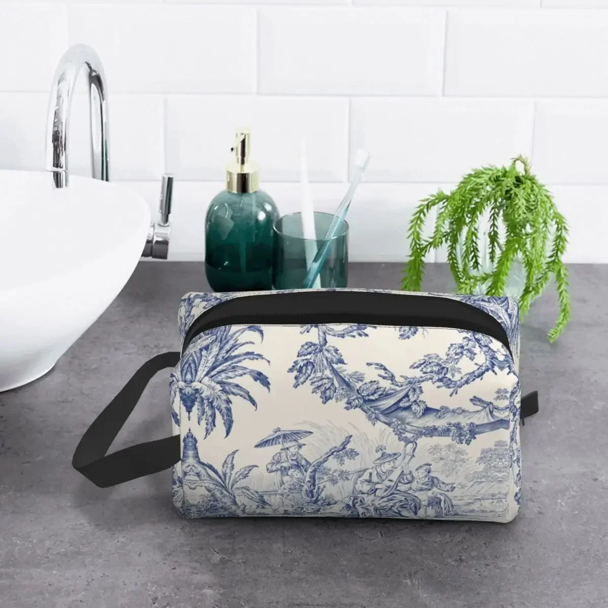 Classic French Toile De Jouy Navy Blue Motif Pattern Toiletry Bag Kawaii Cosmetic Makeup Organizer Beauty Travel Storage Bag