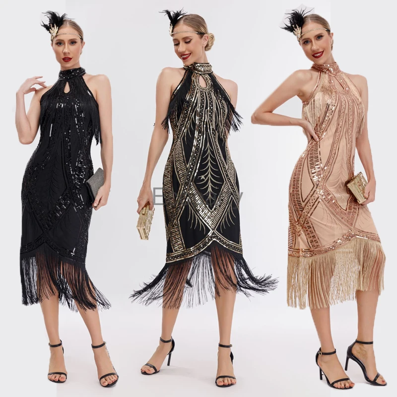 

Women's Vintage 1920s Great Gatsby Party Flapper Dress Hanging Neck Collar Sleeveless Tassels Sequin Party Dresses Lady Vestido