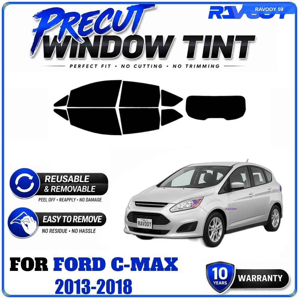 RAVOOY Precut Window Tint, Reusable Removable EPU Film, Custom Fit for Ford C-Max 2013-2018, UV Heat Protection