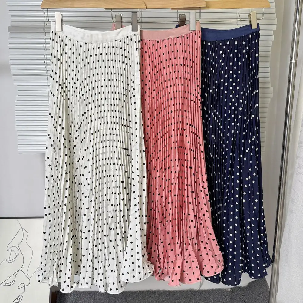 

Women Skirt Elastic High Waist A-Line Maxi Skirt Slimming Large Hem Dot Print Pleated Long Skirt Elegant Office Lady Skirts