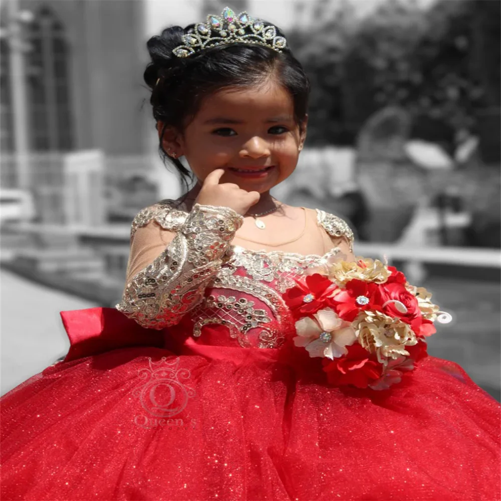 Red luxry Gold Appliqués Flower Girl Dress Tailing Party Wedding Ball Gown Evening Kids Dress Birthday Gifts