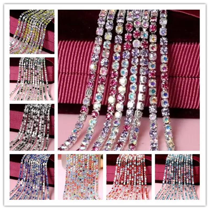 Mix Color 1yard/Piece 17Colors Glass Crystal Rhinestone Chain,Silver Bottom Sew on Cup Chains For Diy Garment Bags Decorations