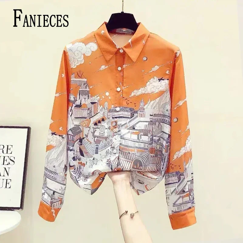 S-3XL Orange White Print Spring Summer Shirts for Women Tops Korean Style Casual Long Sleeved Shirt blusas de mujer