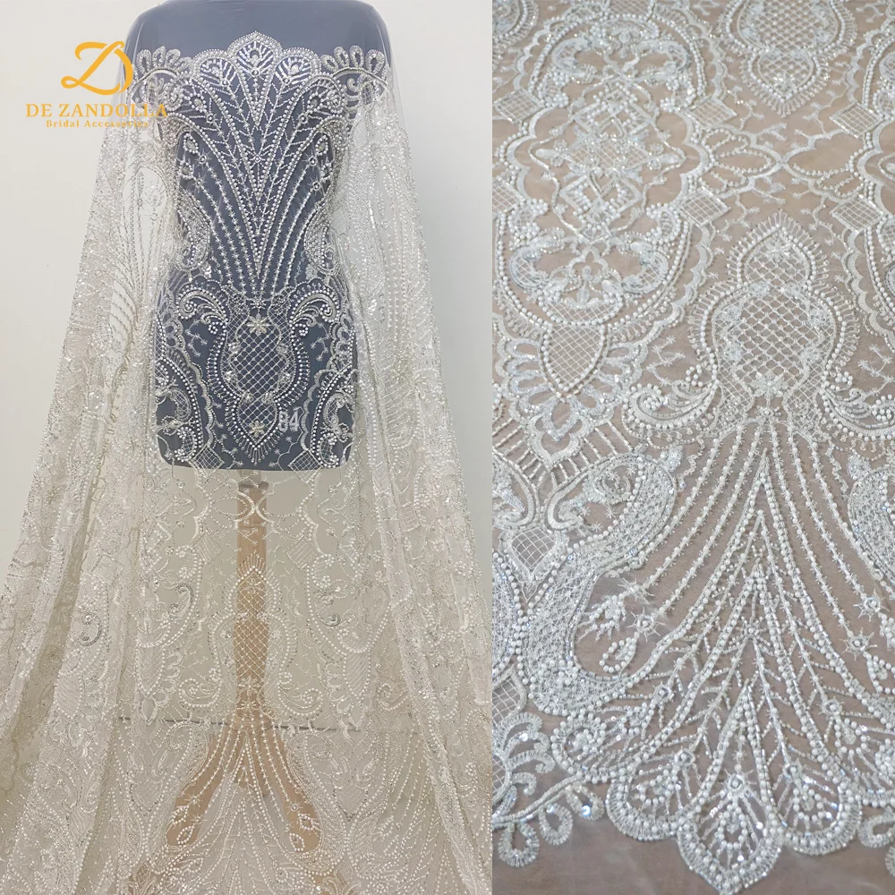 1 Yard Silver Bridal Dress Lace Fabrics Pearls Sequins Tulle Embroidery Width 120cm Party Gowns Lace  with Beads  Accessories