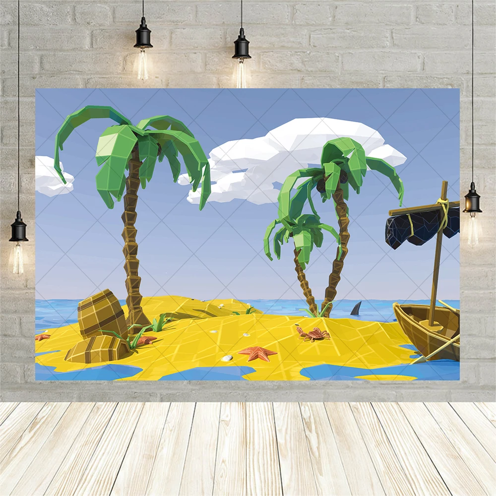 Cartoon Hello Summer Seaside Backdrop Birthday Party Palm Tree Background Photography for Baby Shower Birthday Party Decor Prop