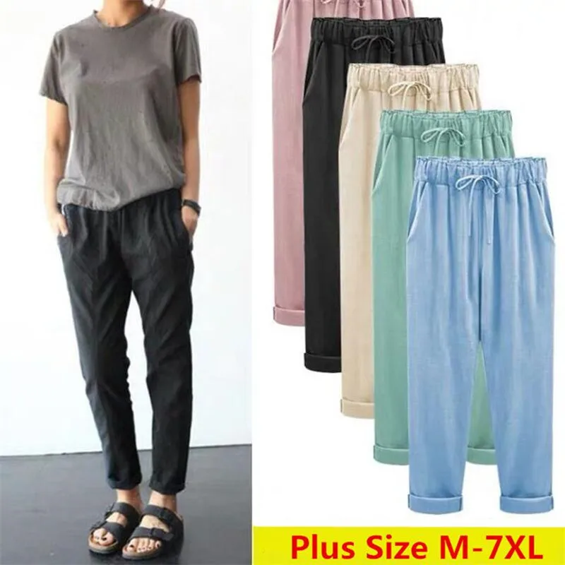 Pantalones holgados de lino y algodón para mujer, calzas suaves y ajustadas hasta el tobillo, estilo Harem, sencillos y elegantes, para oficina, para verano, 2024