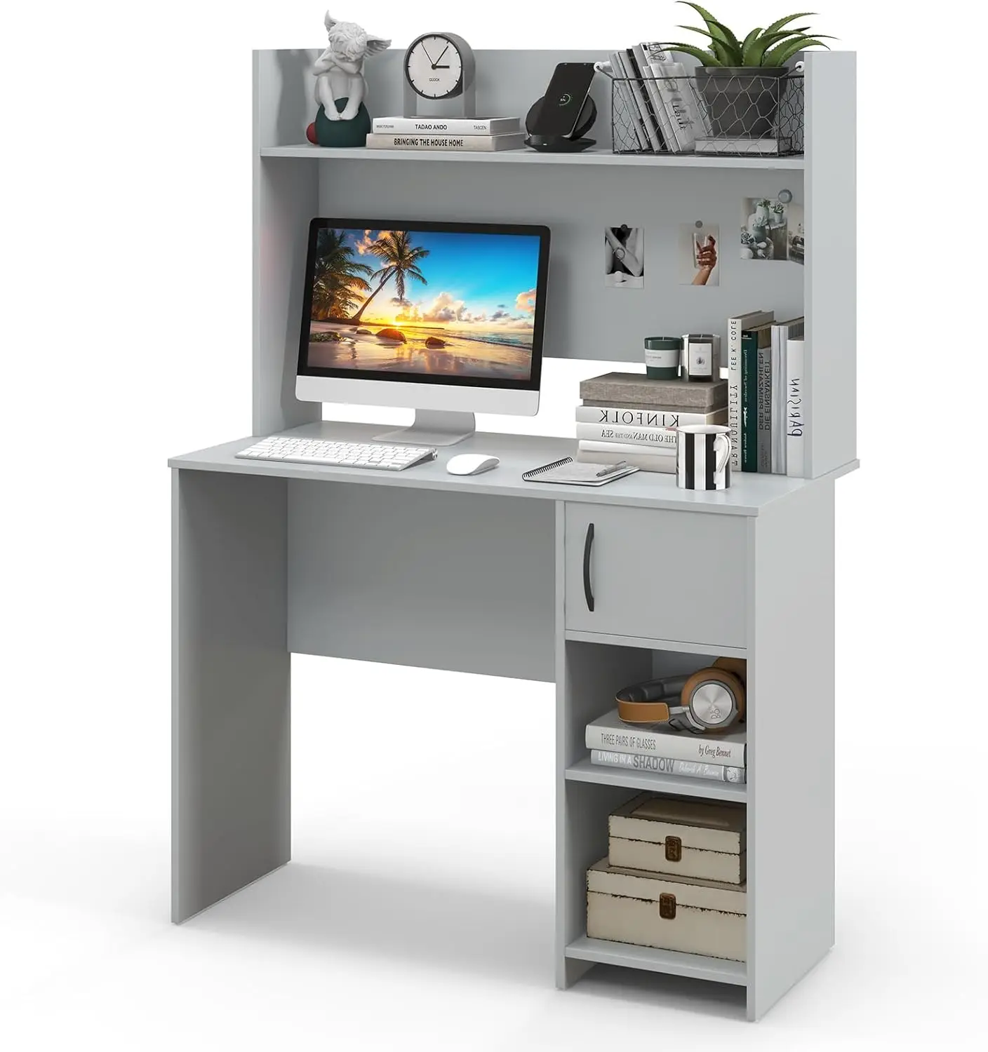 Modern Home Office Desk with Raised Display Shelf and Cabinet for Laptop PC & Study Writing Computer Workstation for Bedroom