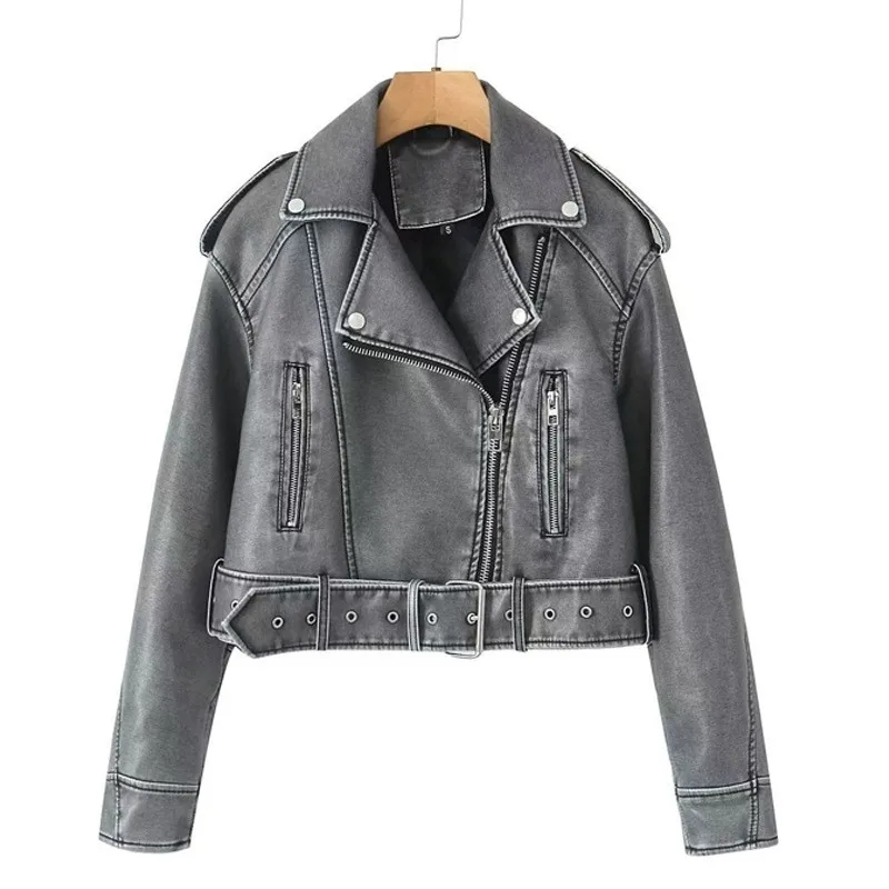 Chaqueta de cuero PU de manga larga con cuello en V y corte holgado para mujer, estilo rockero vintage, ropa de abrigo para motociclista, primavera.