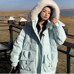 2023 Winter Sky Blue White Duck Down Coat Preppy Style Pocket Zipper Thicken Hooded Down Coat Loose Straight Casual Down Jacket