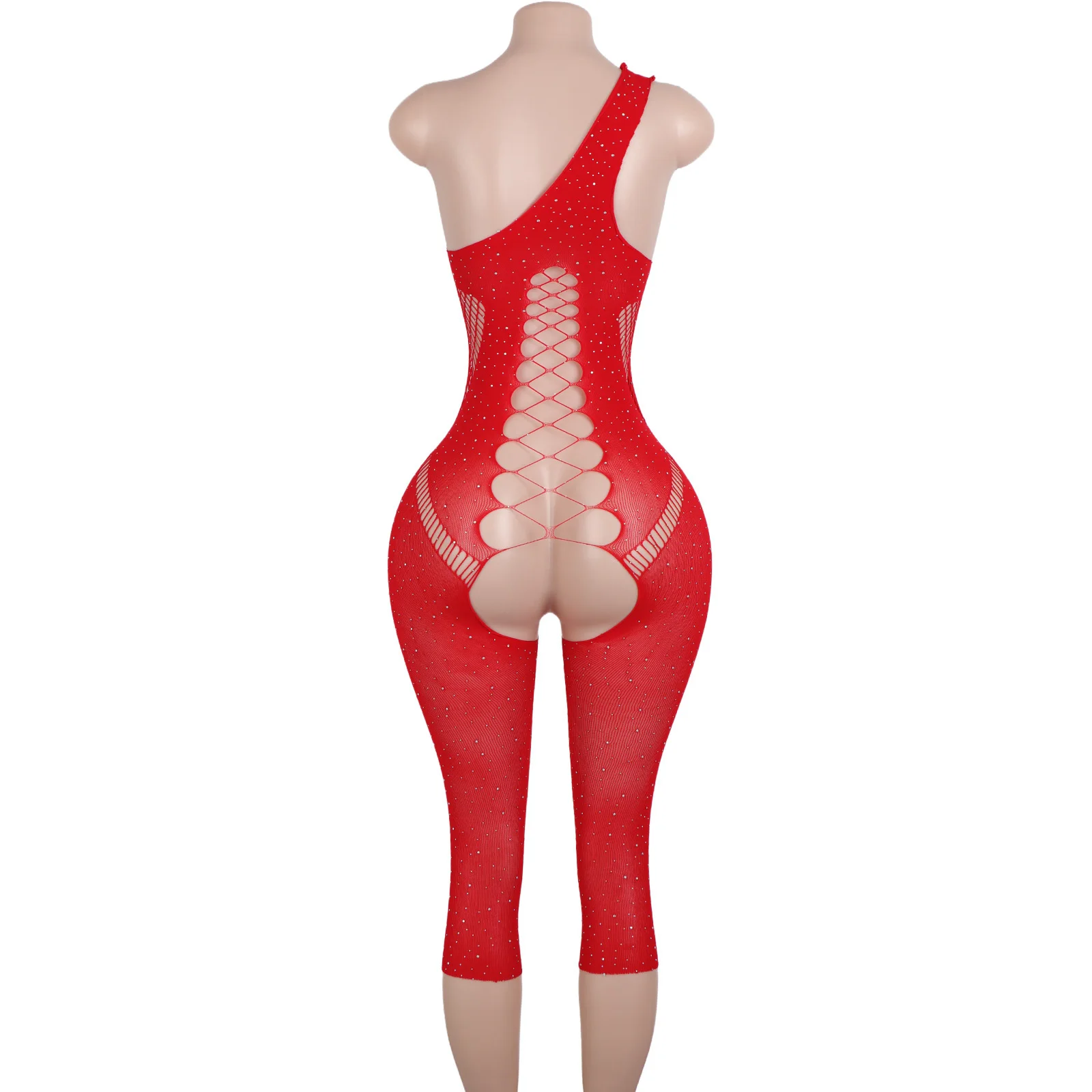 Sexy Lingerie Swimsuit Cutout Design Sheer Net Shorts Crystal Embellished Rhinestone Women's One Piece Exotic Dancewear Mesh