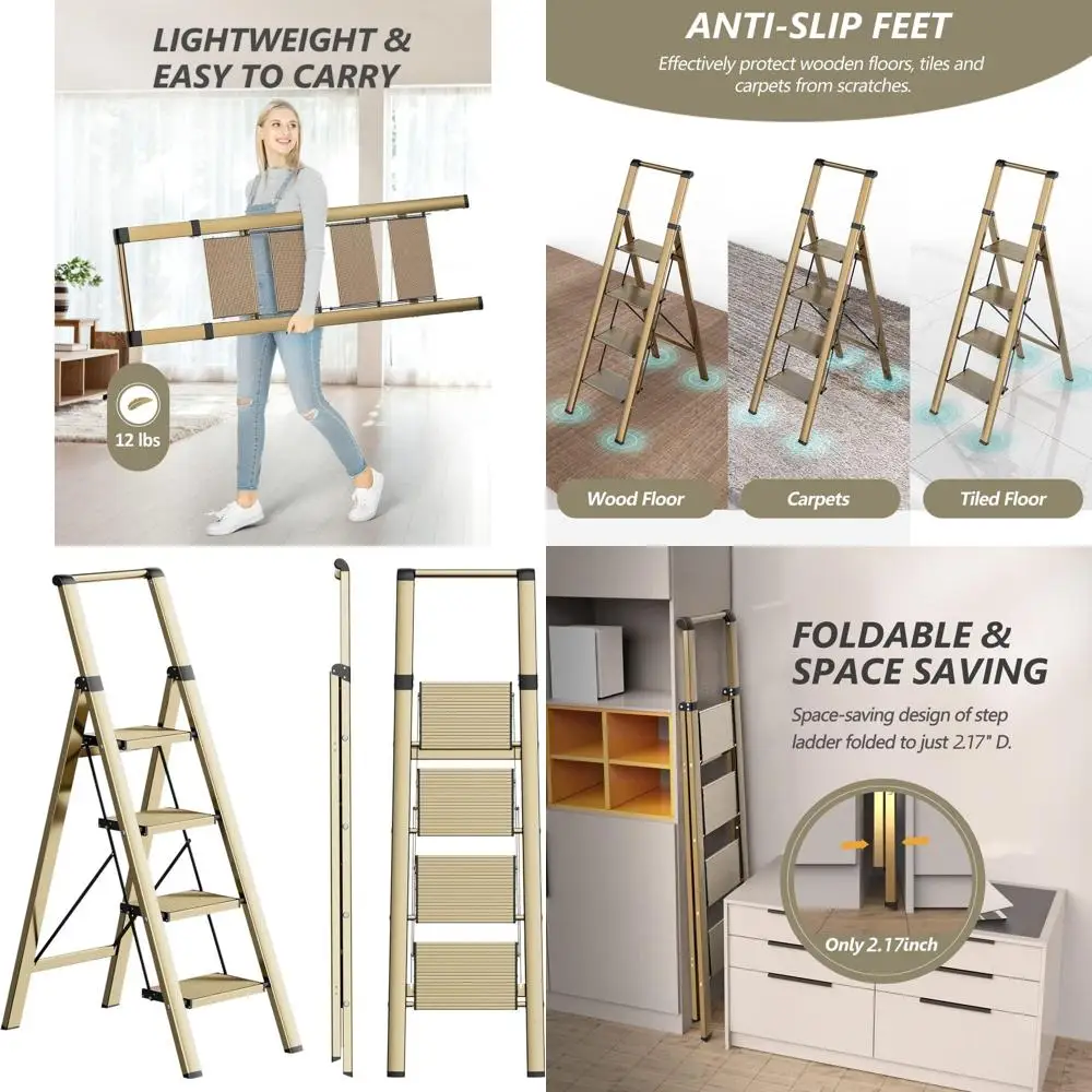 Escalera plegable portátil con peldaños antideslizantes, aluminio ligero, capacidad de carga de 300 libras, multiusos para el hogar y la oficina -