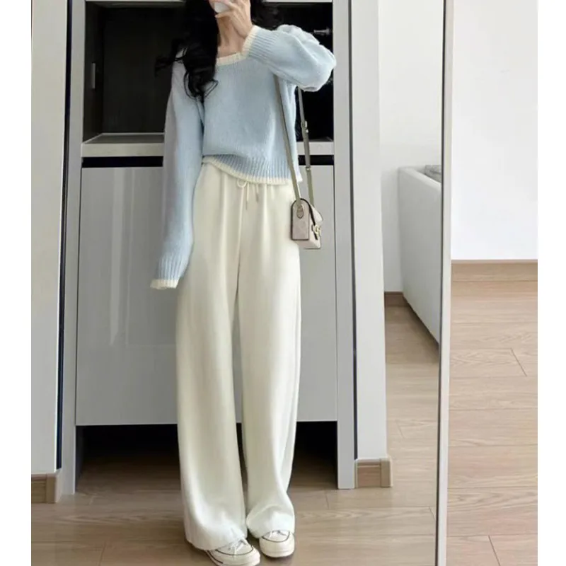 Autumn and Winter Korean Women\'s Set Small Fragrant Blue Knitted Sweater+Wide Leg Pants Two Piece Set