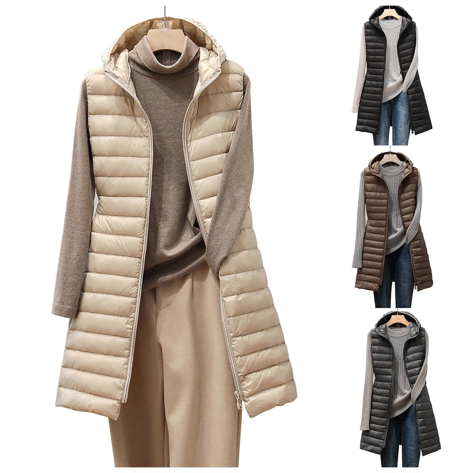 Herfst En Winter Slanke Mouwloze Vrouwen Parka Vest Dames Medium En Lange Stijl Pure Kleur Capuchon Licht Dons Katoenen Vest Jack