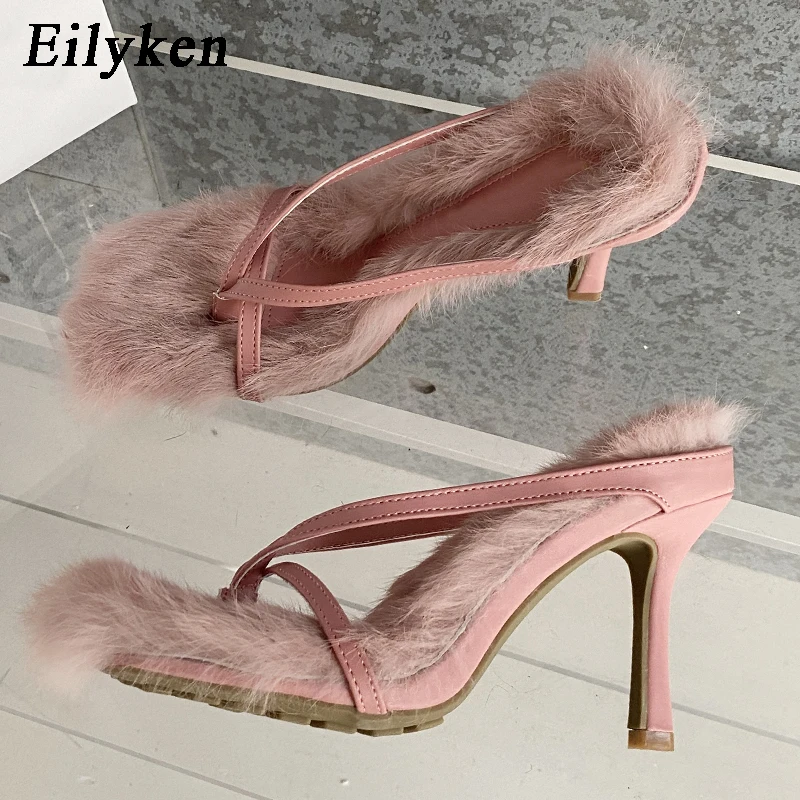 Eilyken Design Faux Fur Slipper High Heels Shoes Fall Best Street Females Square Head Toe Clip-On Sandals Women