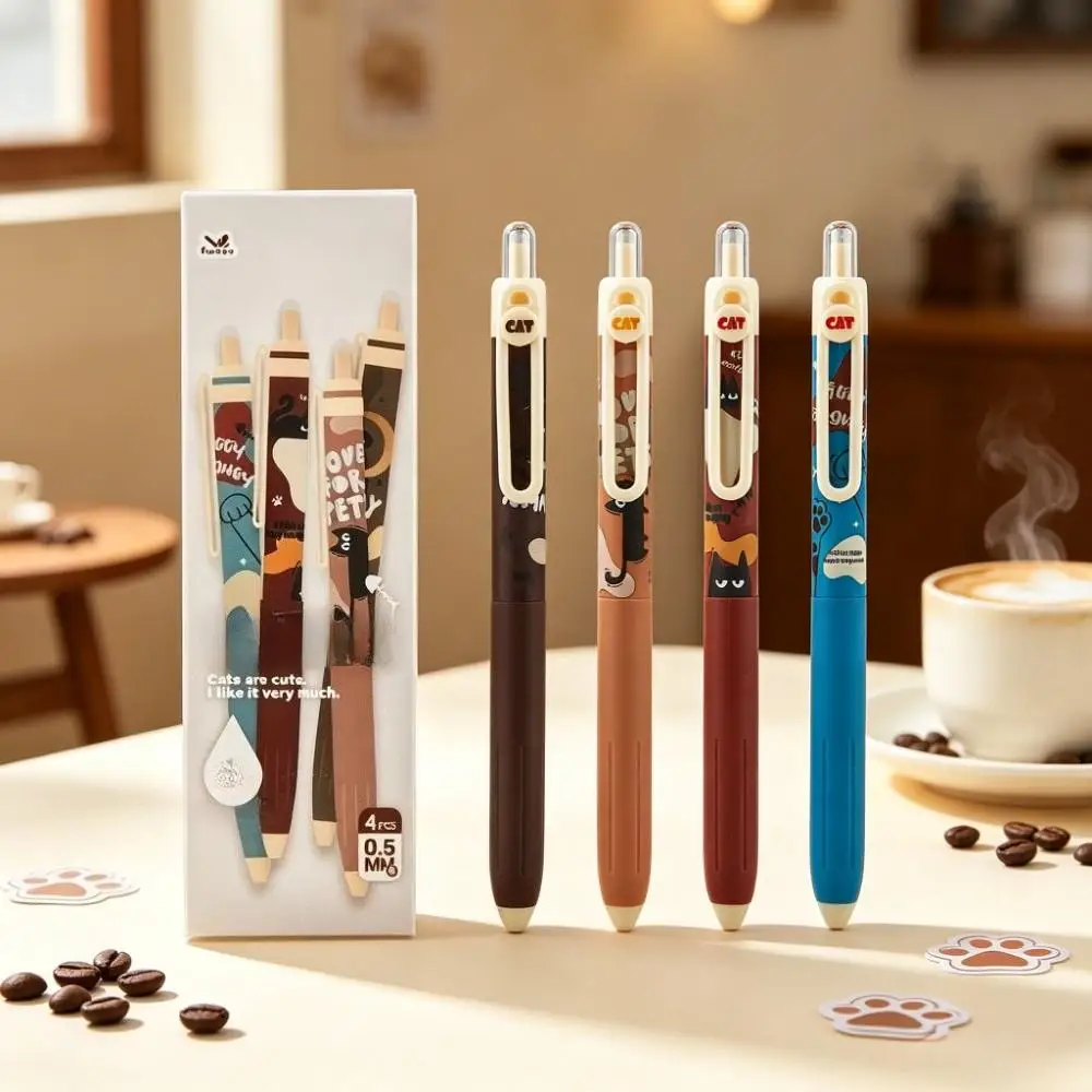 4pcs Cartoon Cat Push-Button Neutral Pens, 0.5mm Fine Ink, Smooth Writing, Soft Grip, Ideal for Students, Office, School Supplie