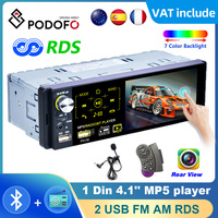 Podofo Car Radio Stereo Player Digital Bluetooth 1 Din 4.1 inch MP5 FM RDS Audio Stereo Music USB/SD with In Dash AUX Input